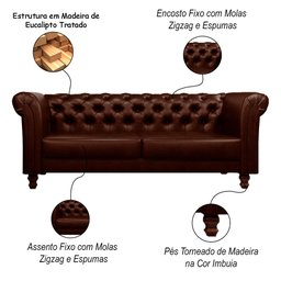 Sofá Decorativo Sala de Estar Chesterfield 3 Lugares 200cm Couro Conhaque - Mozzelar - 3