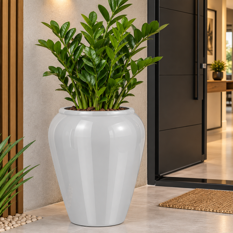 Vaso de Fibra de Vidro Bali U 71cm Vitrificado Grande Cinza Claro