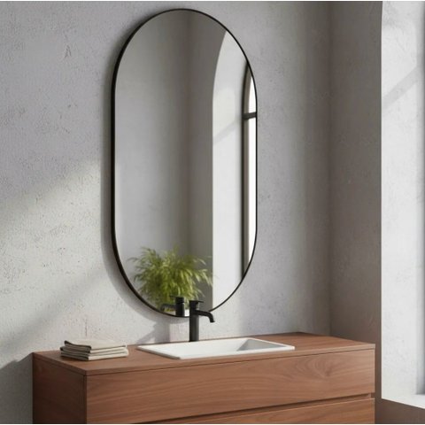 Espelho Oval Pílula 60x90 Moldura Couro Preto