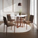 Ver imagem 1 de Conjunto de Jantar Mesa 90cm Branca com 4 Cadeiras Estofadas Marrom Base Cobre - Preto