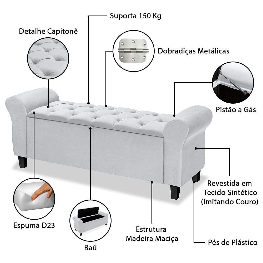 Conjunto Cabeceira Box com Recamier Divã para Cama Casal 1.40 Dubai Corino Branco - Lh Móveis - 10