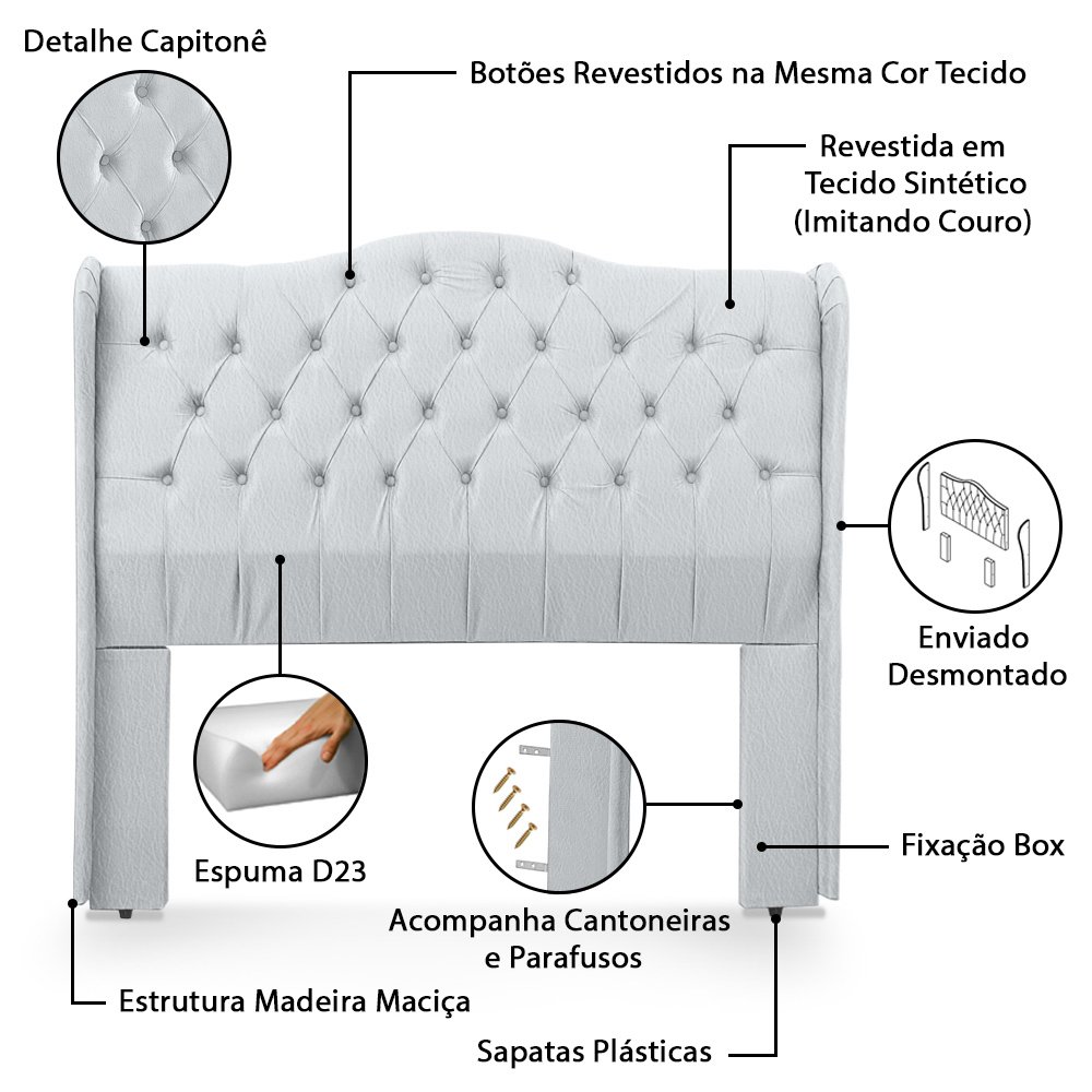 Conjunto Cabeceira Box com Recamier Divã para Cama Casal 1.40 Dubai Corino Branco - Lh Móveis - 8