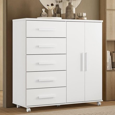 Cômoda para Quarto Torena A02 5 Gavetas 2 Portas em MDF-MDP Branco Mpozenato