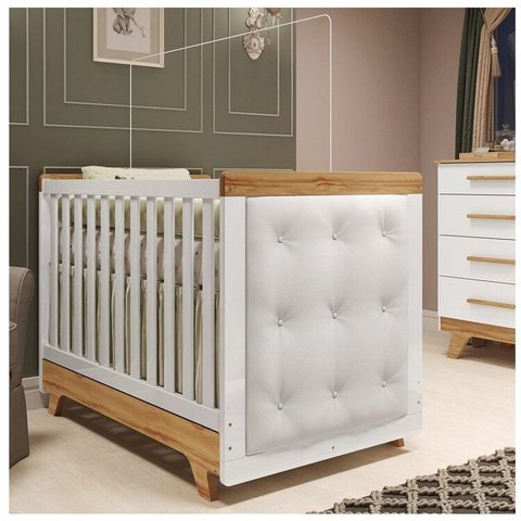 Berço Minicama com Capitonê 100% MDF Retrô Kakau Espresso Móveis Branco/Brilho/Amêndoa