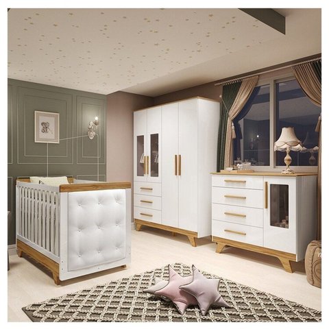 Quarto de Bebê Berço Capitonê Guarda-Roupa e Cômoda com Janelas 100% MDF Retrô Kakau Espresso Móveis Branco/Brilho/Amêndoa