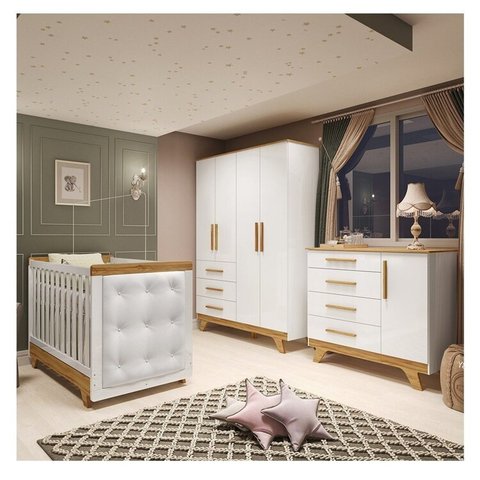 Quarto de Bebê Berço com Capitonê Guarda-roupa e Cômoda 100% Mdf Retrô Kakau Espresso Móveis