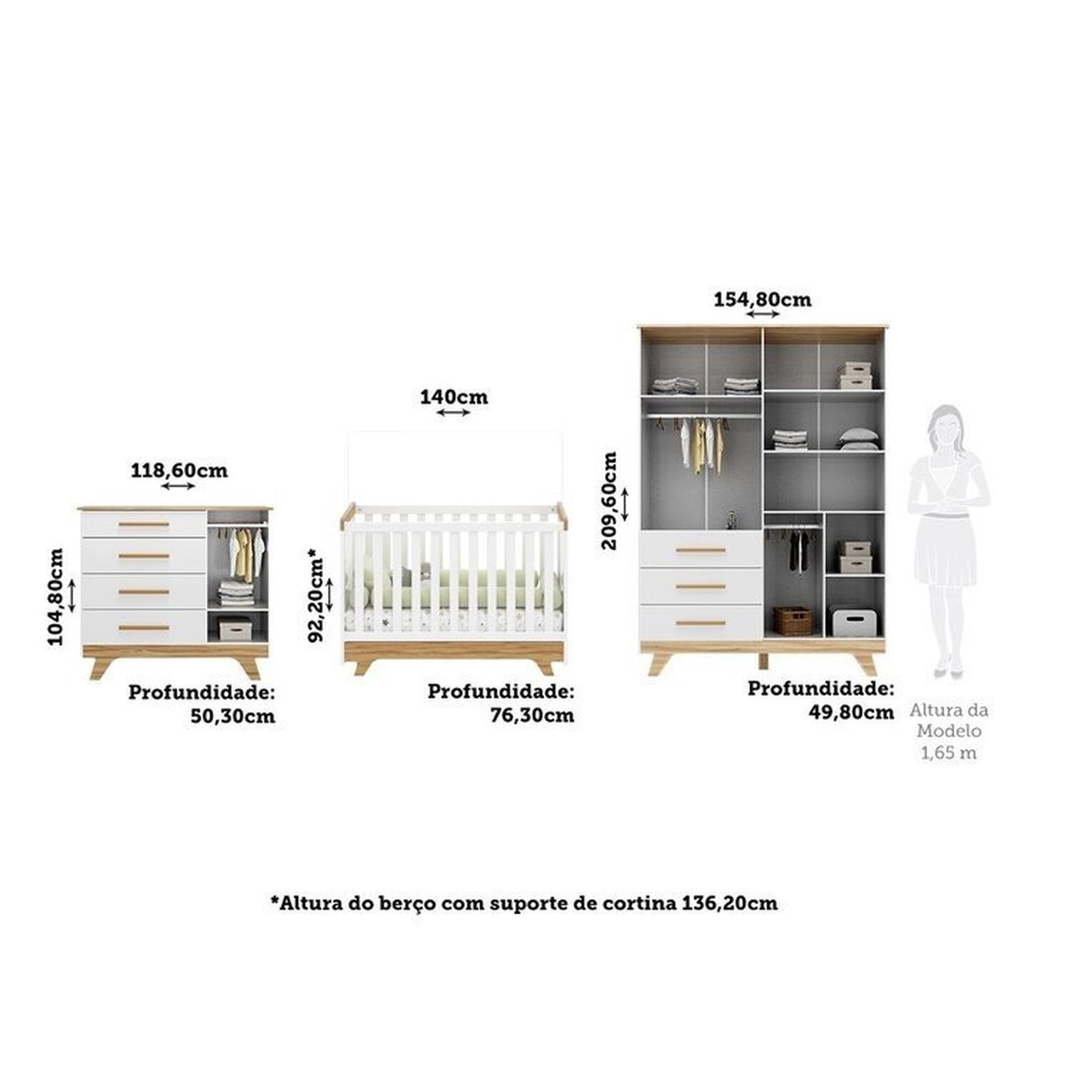 Quarto de Bebê Berço com Capitonê Guarda-roupa e Cômoda 100% Mdf Retrô Kakau Espresso Móveis - 5