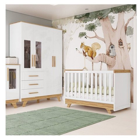 Quarto de Bebê com Berço e Guarda-Roupa com Janelas 100% MDF Retrô Kakau Espresso Móveis Branco/Brilho/Amêndoa