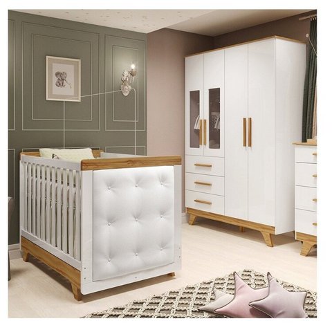 Quarto de Bebê Berço com Capitonê e Guarda-Roupa com Janelas 100% MDF Retrô Kakau Espresso Móveis Branco/Brilho/Amêndoa