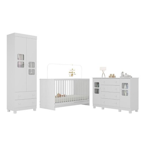 Quarto de Bebê Completo com Berço 3 em 1 para Colchão 130x60cm Sol Multimóveis Mp4530 Branco