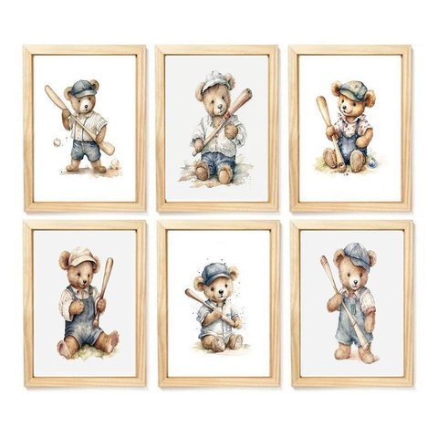 Kit Quadro Urso Baseball Decorativo Quarto Criança Enxoval Bebê Menino