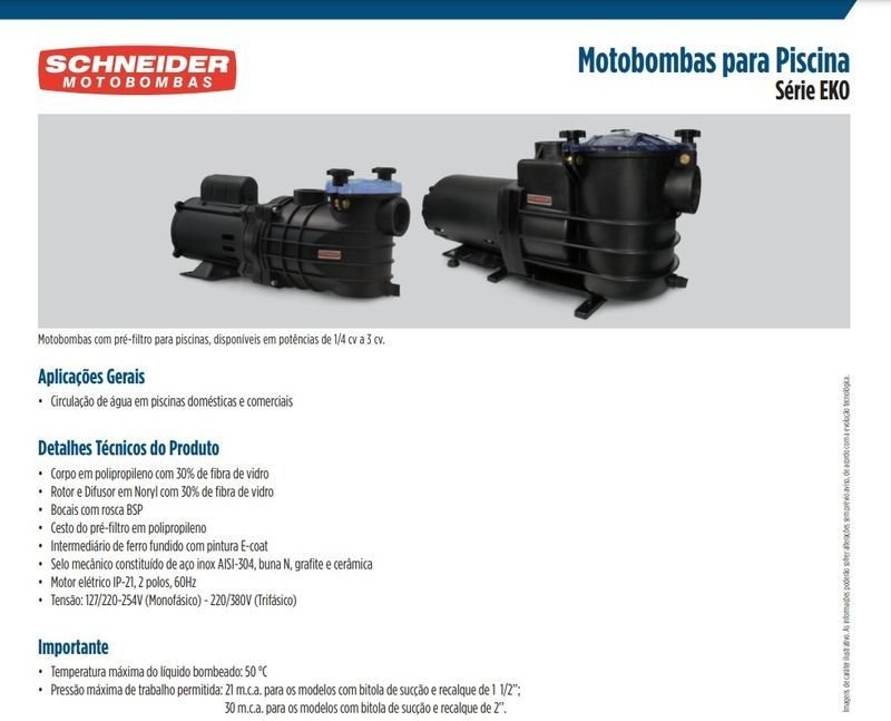 Bomba para Piscina Schneider Eko 3/4cv Monofásico 127/220-254v Preto 127/220-254 (m) - 3