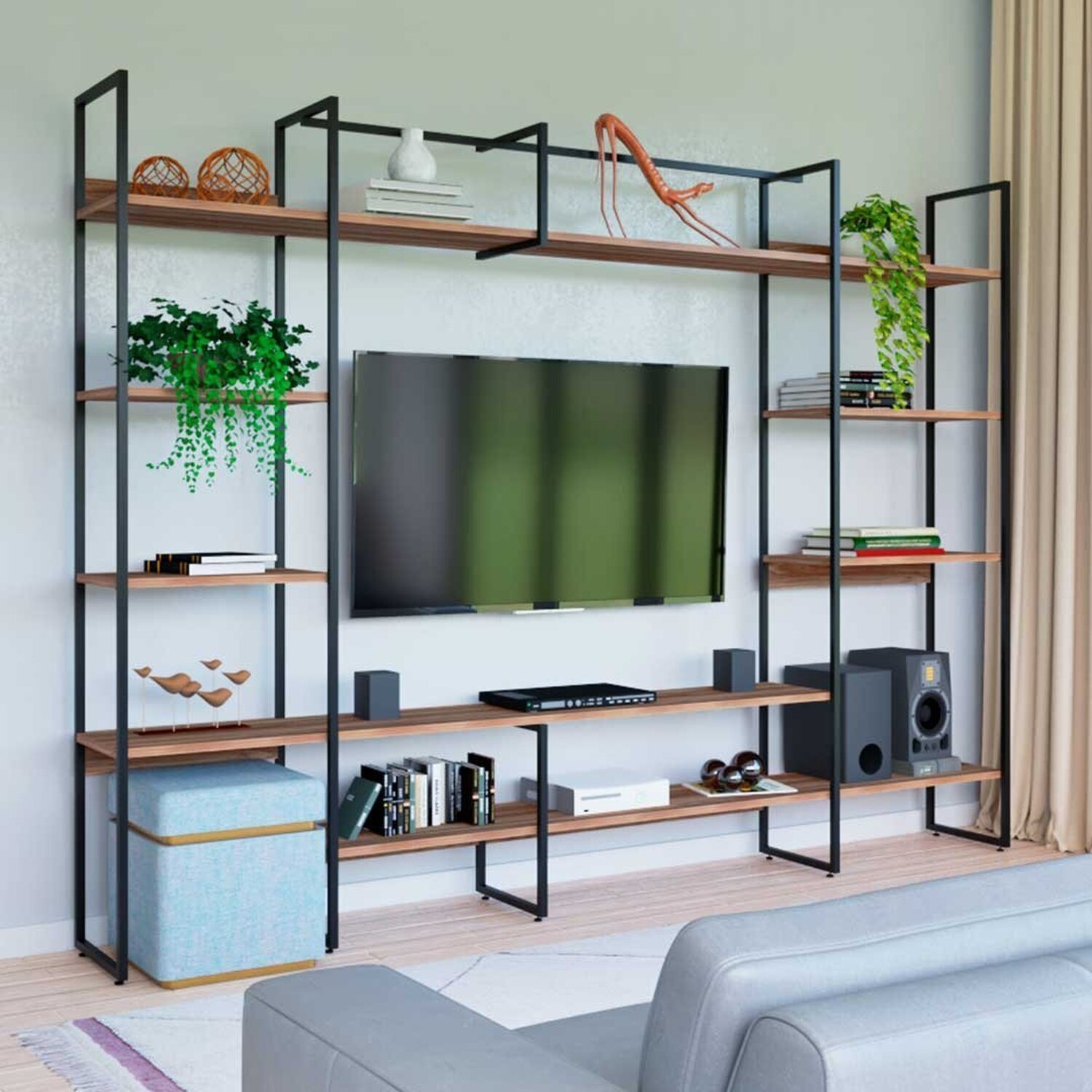 Conjunto de Estantes Industrial para Sala de Tv Urban com 250cm