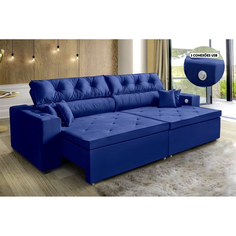Sofá 3 Lugares Smart 202cm Azul Retrátil, Reclinável, Tecnologia Carregamento 3 portas USB