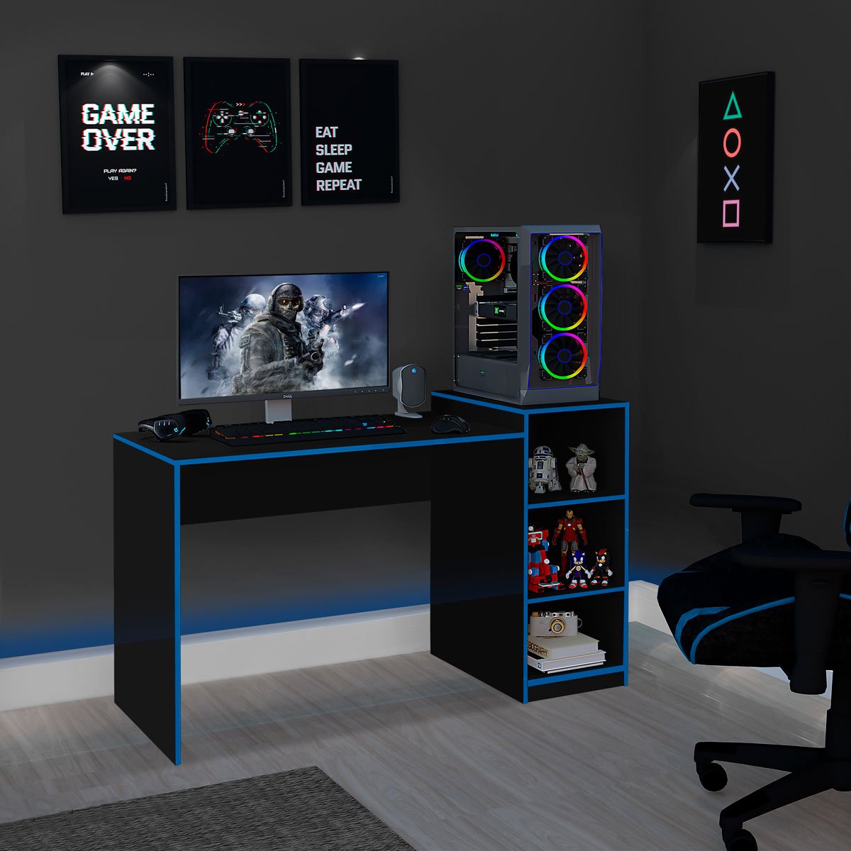 Mesa Gamer Escrivaninha com Nichos Azul e Preto - Azul e Preto - 2