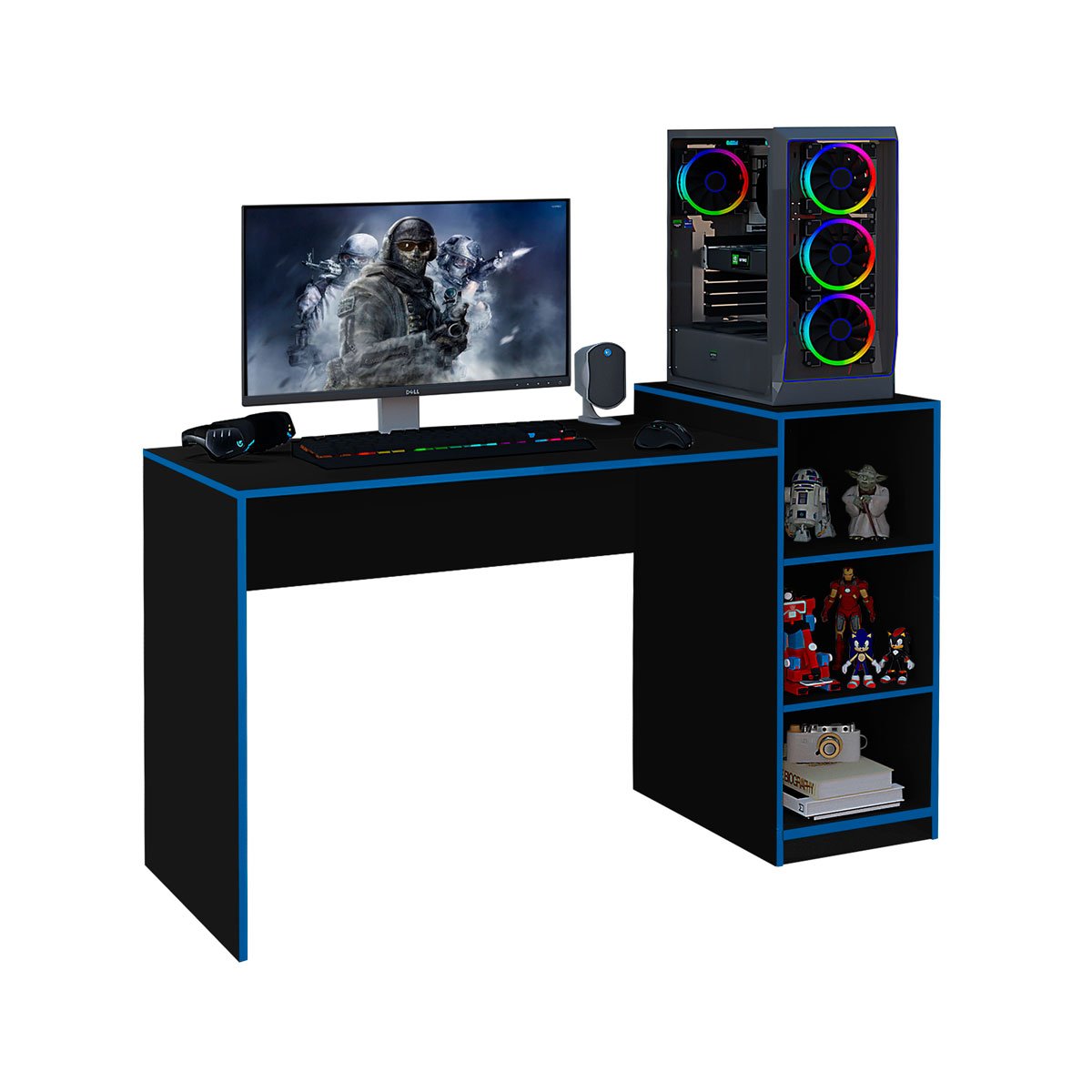 Mesa Gamer Escrivaninha com Nichos Azul e Preto - Azul e Preto - 1