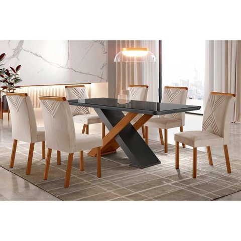 Conjunto: Mesa Sala Jantar Imperatriz Tampo Madeirado C/ Vidro Curvo 180x90 e 6 Cadeiras Amsterdã