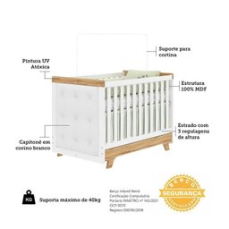 Quarto de Bebê Berço com Capitonê e Guarda-Roupa 100% MDF Retrô Kakau Yescasa Branco/Brilho/Amêndoa - 6 Quarto de Bebê Berço com Capitonê e Guarda-Roupa 100% MDF Retrô Kakau Yescasa Branco/Brilho/Amêndoa - 6