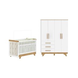 Quarto de Bebê Berço com Capitonê e Guarda-Roupa 100% MDF Retrô Kakau Yescasa Branco/Brilho/Amêndoa - 3 Quarto de Bebê Berço com Capitonê e Guarda-Roupa 100% MDF Retrô Kakau Yescasa Branco/Brilho/Amêndoa - 3