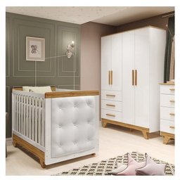 Quarto de Bebê Berço com Capitonê e Guarda-Roupa 100% MDF Retrô Kakau Yescasa Branco/Brilho/Amêndoa - 1 Quarto de Bebê Berço com Capitonê e Guarda-Roupa 100% MDF Retrô Kakau Yescasa Branco/Brilho/Amêndoa - 1