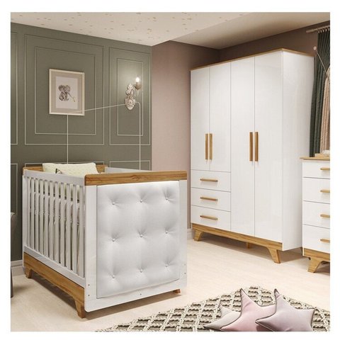 Quarto de Bebê Berço com Capitonê e Guarda-roupa 100% Mdf Retrô Kakau Yescasa