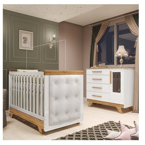 Quarto de Bebê Berço com Capitonê e Cômoda com Janelas 100% MDF Retrô Kakau Espresso Móveis Branco/Brilho/Amêndoa