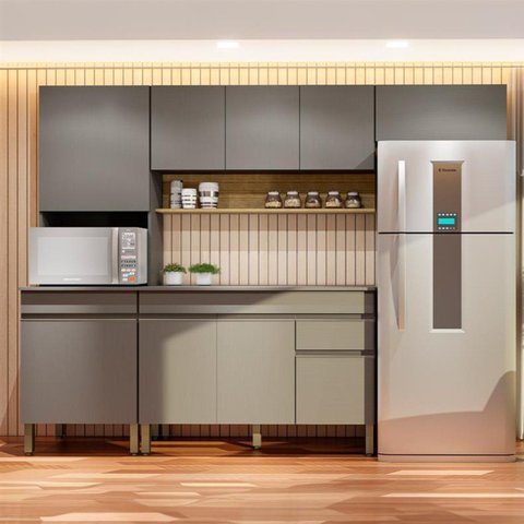 Cozinha Compacta Modulada 4 Peças com Balcão 120cm com Tampo Line Cinza/Gris/Freijó