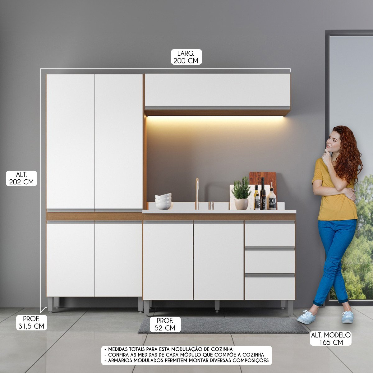 Cozinha Compacta Modulada com Armário Paneleiro Sabrina 200x202 Cm 3 Peças Mdp Branco Menu - 2