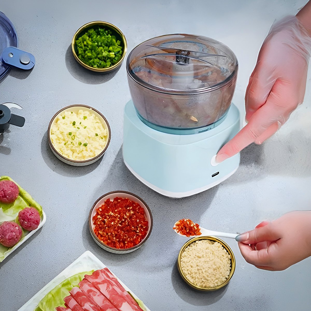 Mini Processador Elétrico Moedor de Alimentos e Legumes Usb:azul - 2