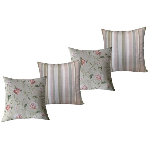 Almofadas Cheias Impermeável Estampa Digital 100% Algodão Kit 4 43CMX43CM:Floral Romântica e Listrad