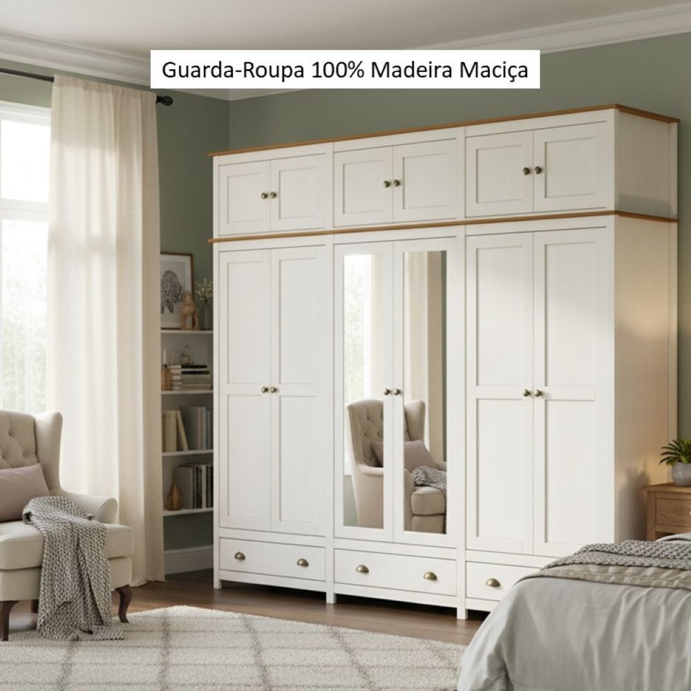 Ver imagem 5 de Guarda-Roupa Bipartido 12 Portas 3 Gavetas Topázio 100% Madeira Maciça Branco/Freijó