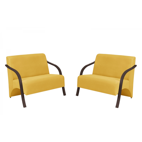 Kit 2 Poltronas Namoradeira 2 Lugares Vênus D Salla Suede Braço Madeira Amarelo