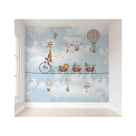 Papel De Parede Infantil Safari Trenzinho Balões Azul A255x150L