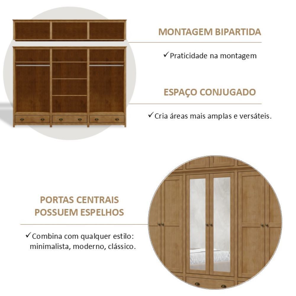 Ver mais imagens de Guarda-Roupa Bipartido 12 Portas 3 Gavetas Topázio 100% Madeira Maciça Marrom/Freijó