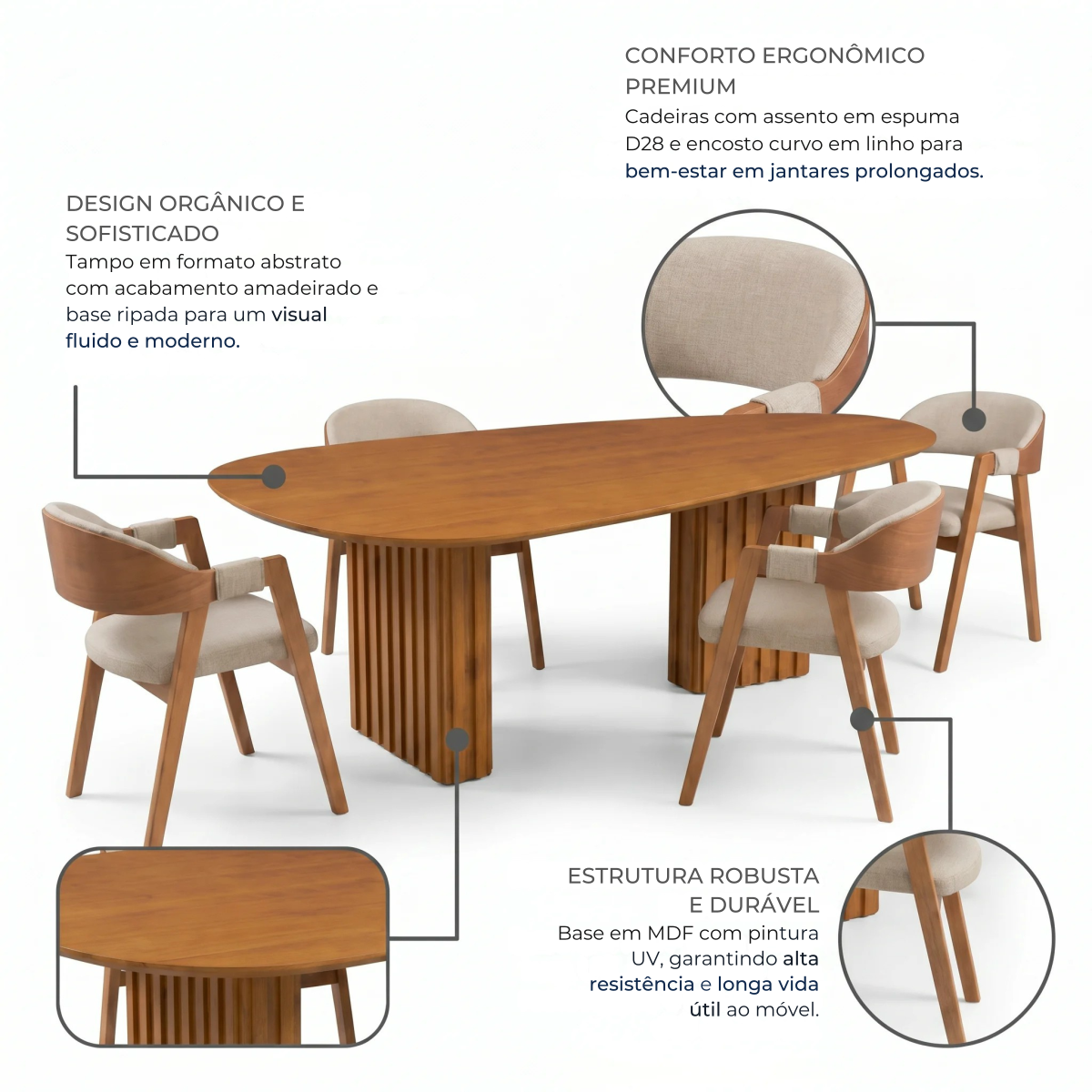 Ver imagem 3 de Conjunto Mesa de Jantar Orgânica 200x100cm com 4 Cadeiras Estofadas Yescasa Bege/Freijó
