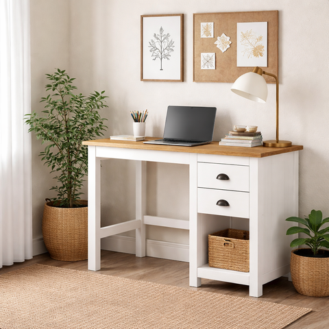 Escrivaninha Mesa Escritório Topázio Pés em 2 Gavetas 110cm Madeira Maciça Branco E Freijó