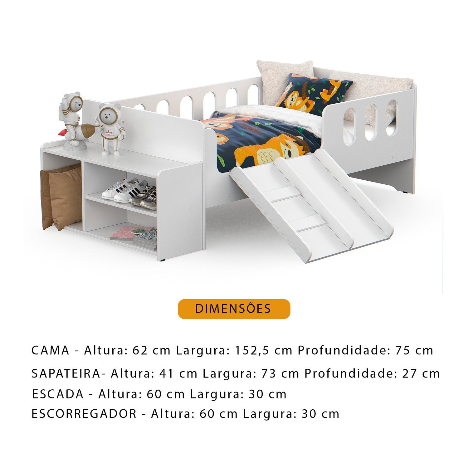 Cama Infantil Montessoriana Quarto de Criança com Nicho Escada Escorregador e Colchão - 3