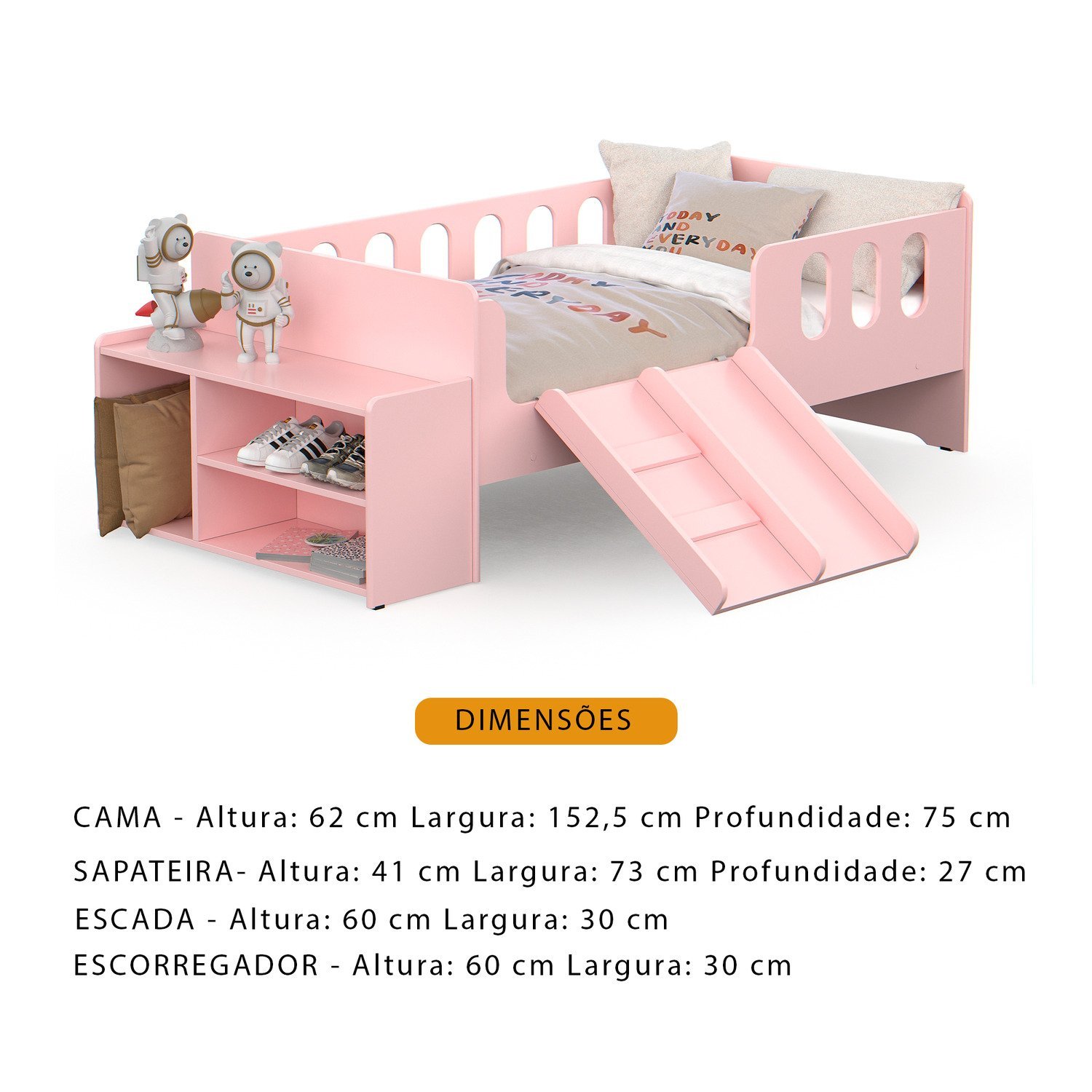 Cama Infantil Montessoriana Quarto de Criança com Nicho Escada Escorregador e Colchão - 3