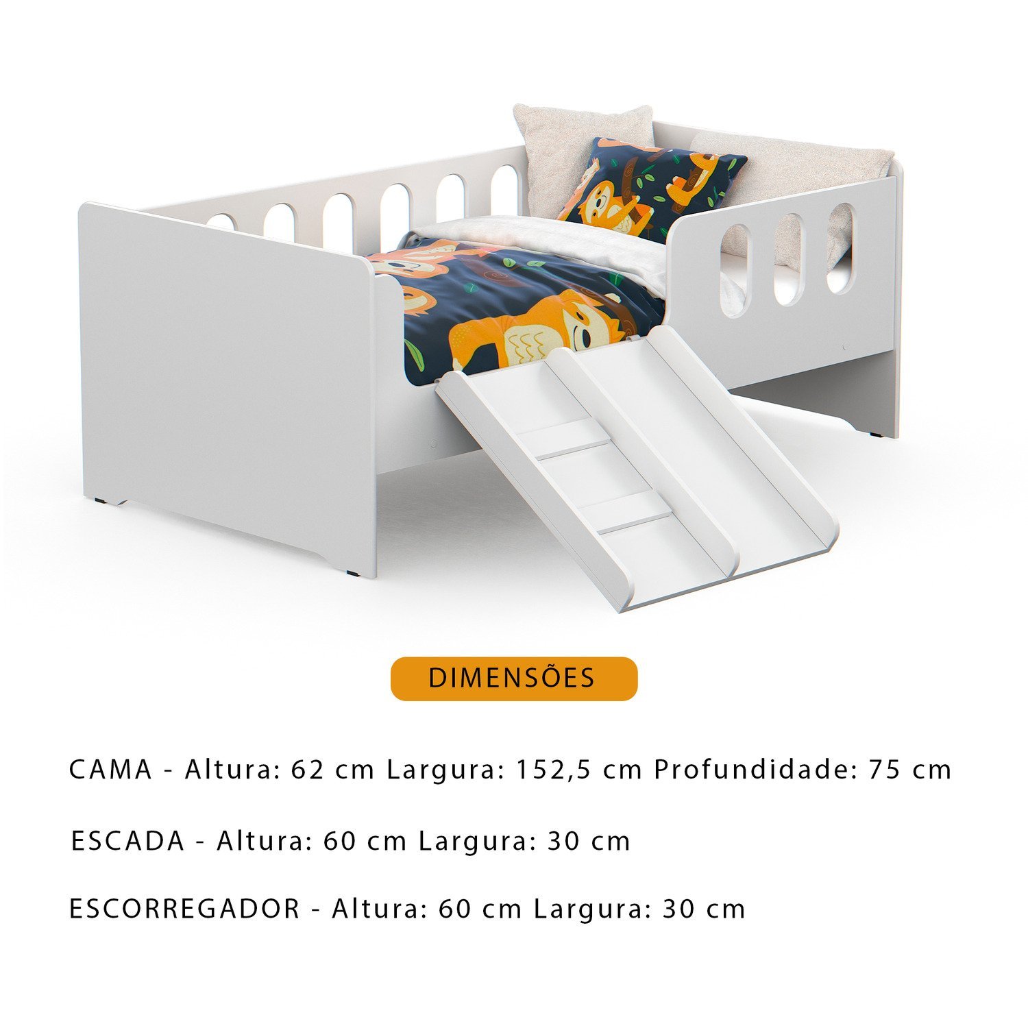 Cama Infantil Montessoriana Quarto de Criança com Nicho Escada Escorregador e Colchão - 3