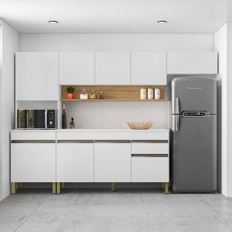 Cozinha Compacta Modulada 4 Peças com Balcão 150cm com Tampo Line Branco/Supremo/Freijó