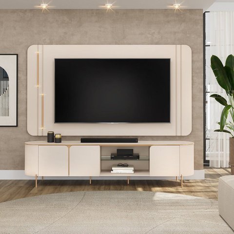 Rack Painel para TV até 75 Polegadas com LED 100% MDF 241cmx189cm Curvo Ariana Branco Off White