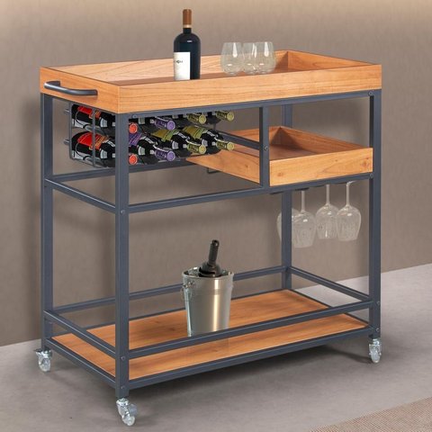 Adega/ Carrinho Viena Base em Aço Industrial e Tampo em Madeira Laminado Espresso Móveis