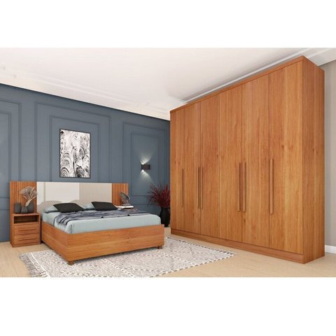 Quarto Casal Completo Roupeiro Veneza 4 Gavetas, Cama Casal Mônaco e Painel Ripado 4 Gavetas Bege/Cinamomo
