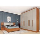 Ver imagem 1 de Quarto Casal Completo Roupeiro Veneza 4 Gavetas, Cama Casal Mônaco e Painel Ripado 4 Gavetas Bege/Cinamomo/Off White