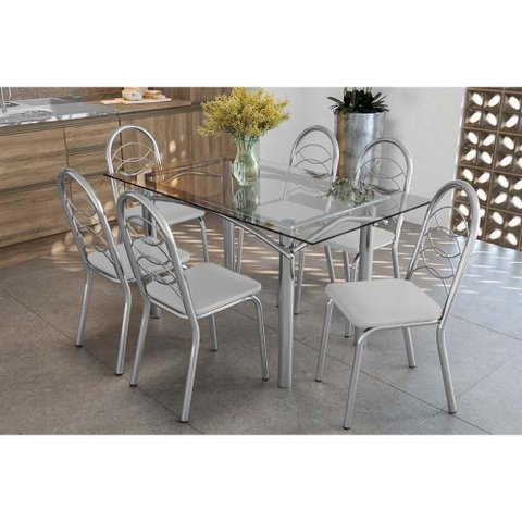 Kit 6 Cadeiras Sala Jantar Elba C/ Tampo de Vidro 150cm e 6 Cadeiras Holanda Cromada - Courano