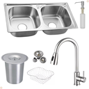 Ver imagem 1 de Kit Cuba Dupla Inox + Acessórios com Torneira Gourmet Extensora Escovada e Lixeira de Embutir 5 L