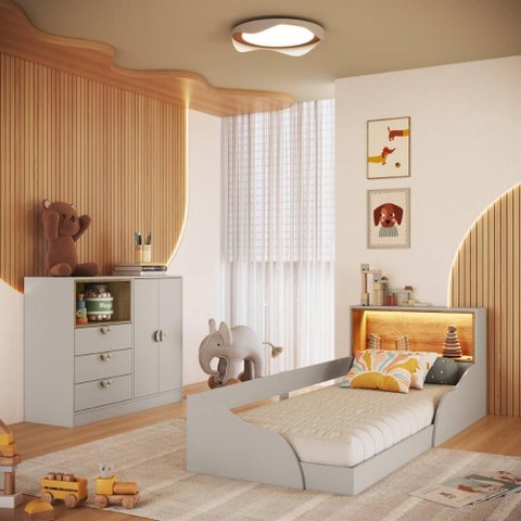 Quarto Infantil Completo Cômoda e Cama Montessoriana Lille CJ080 Branco - Art In Móveis