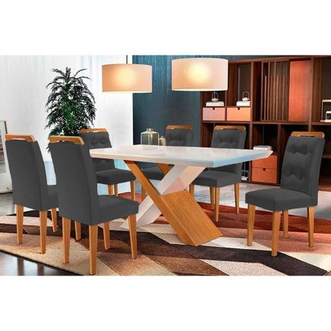 Sala de Jantar Completa Imperatriz Tampo Madeirado C- Vidro Curvo 180x90 e 6 Cadeiras Imperatriz