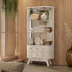 Cristaleira para Sala de Jantar 4 Portas Vidro e Curva com Espelho Led 2 Gavetas Moss