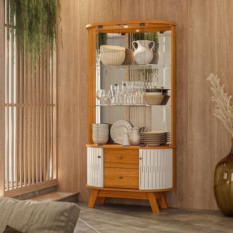 Cristaleira para Sala de Jantar 4 Portas Vidro Curvo com Espelho LED 2 Gavetas Moss Marrom Off White